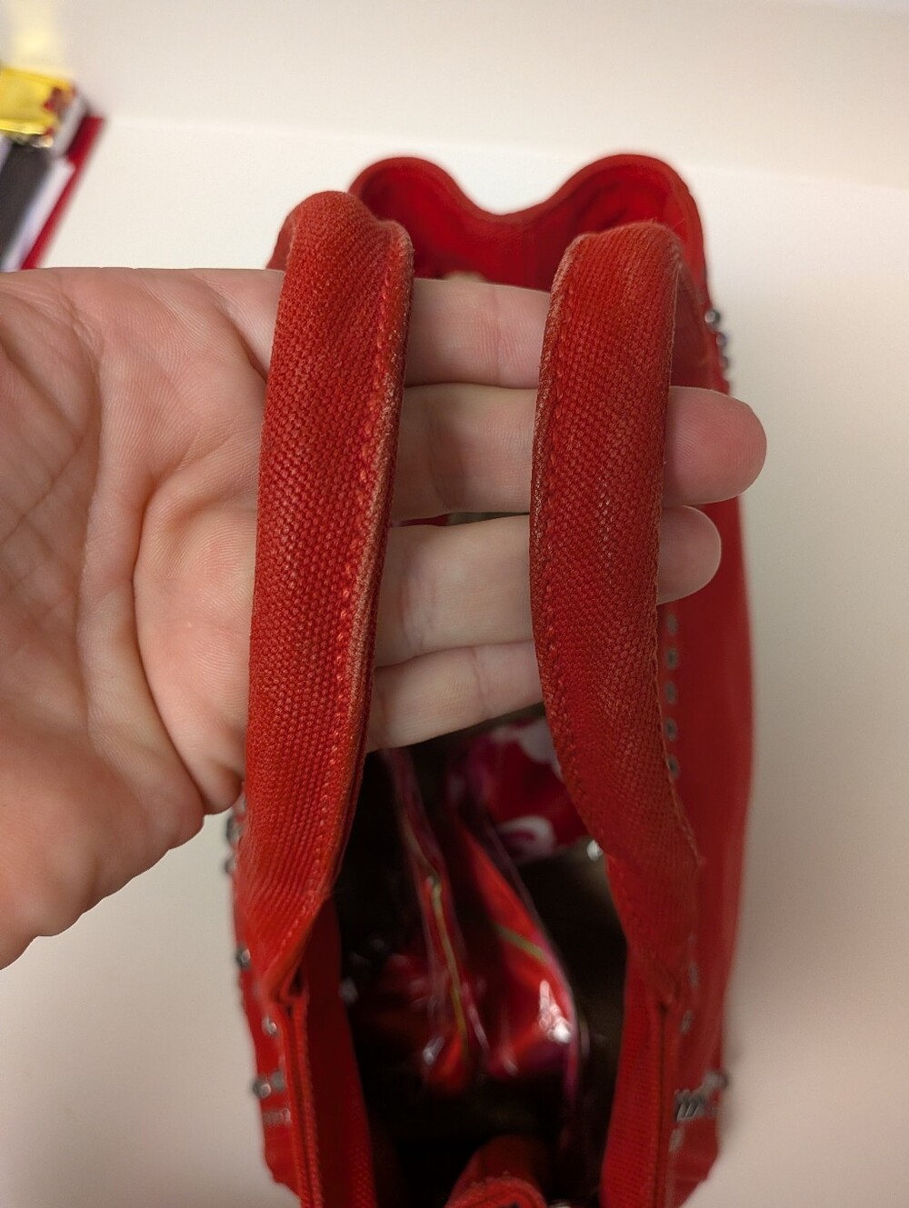 Prada Canapa Red Studded Rhinestone Small Satchel - Picture 13 of 13